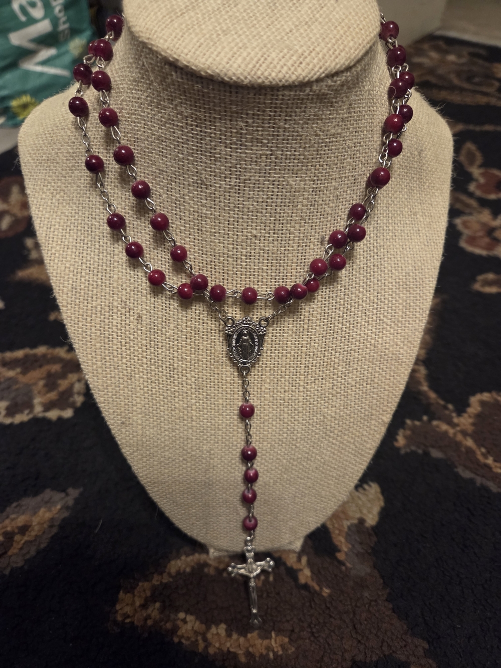 Rosary-Style Burgundy Beaded Necklace with Cross Pendant